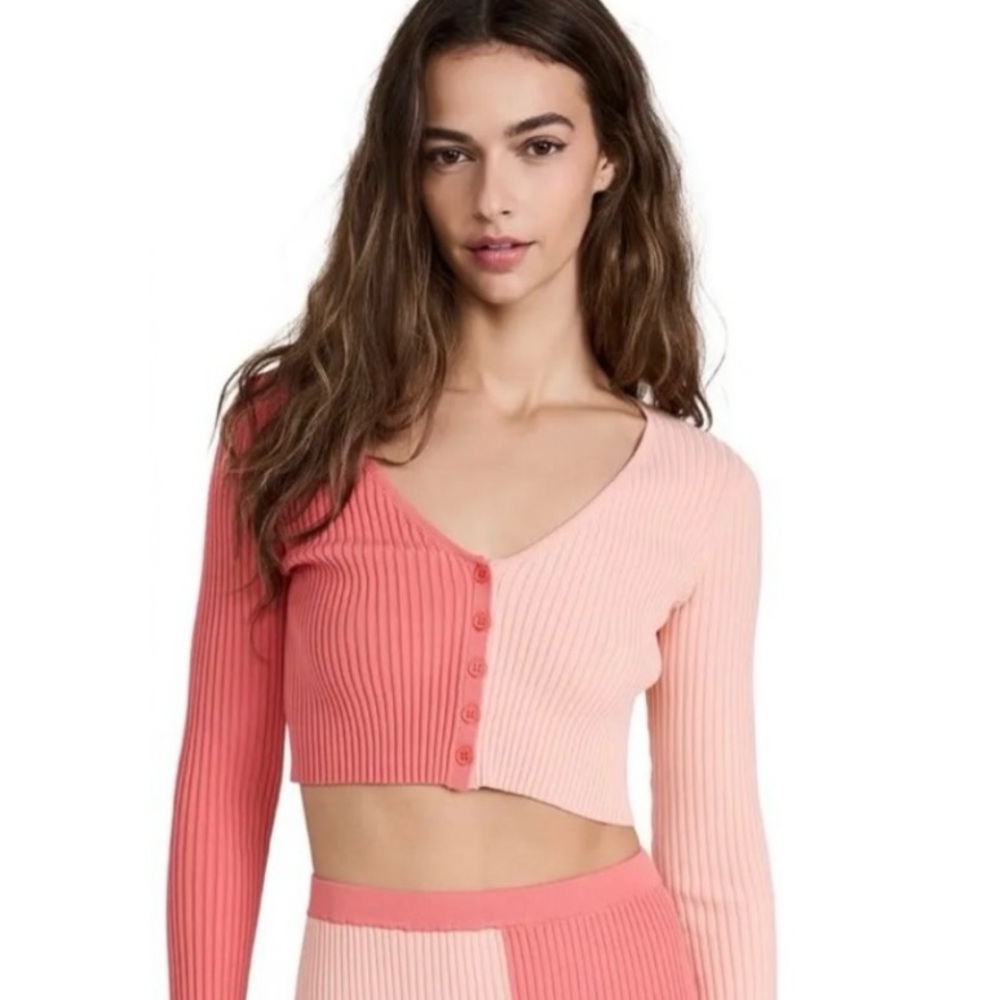 Staud Manon Two Tone Rib Knit Cropped Cardigan New Large